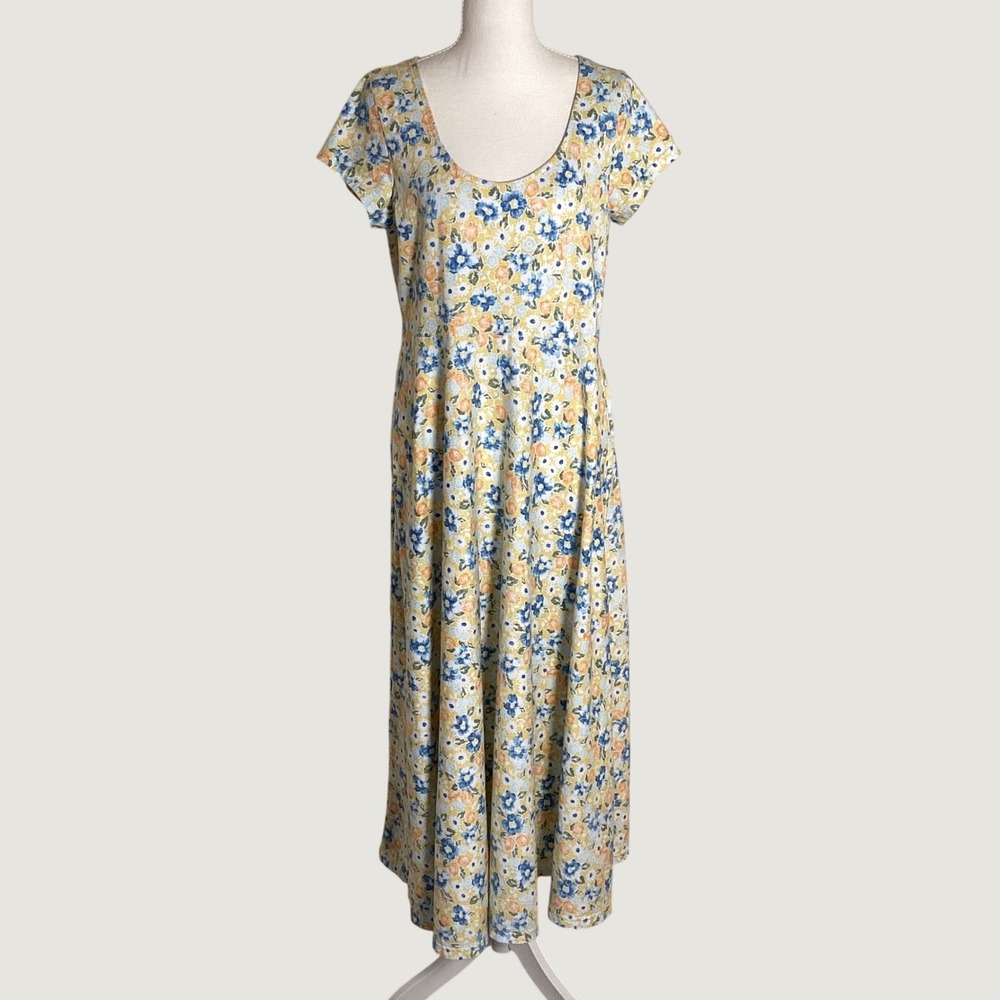 Chaps Floral Maxi Dress Womens Large Yellow Blue Cotton Boho Summer Casual ALine